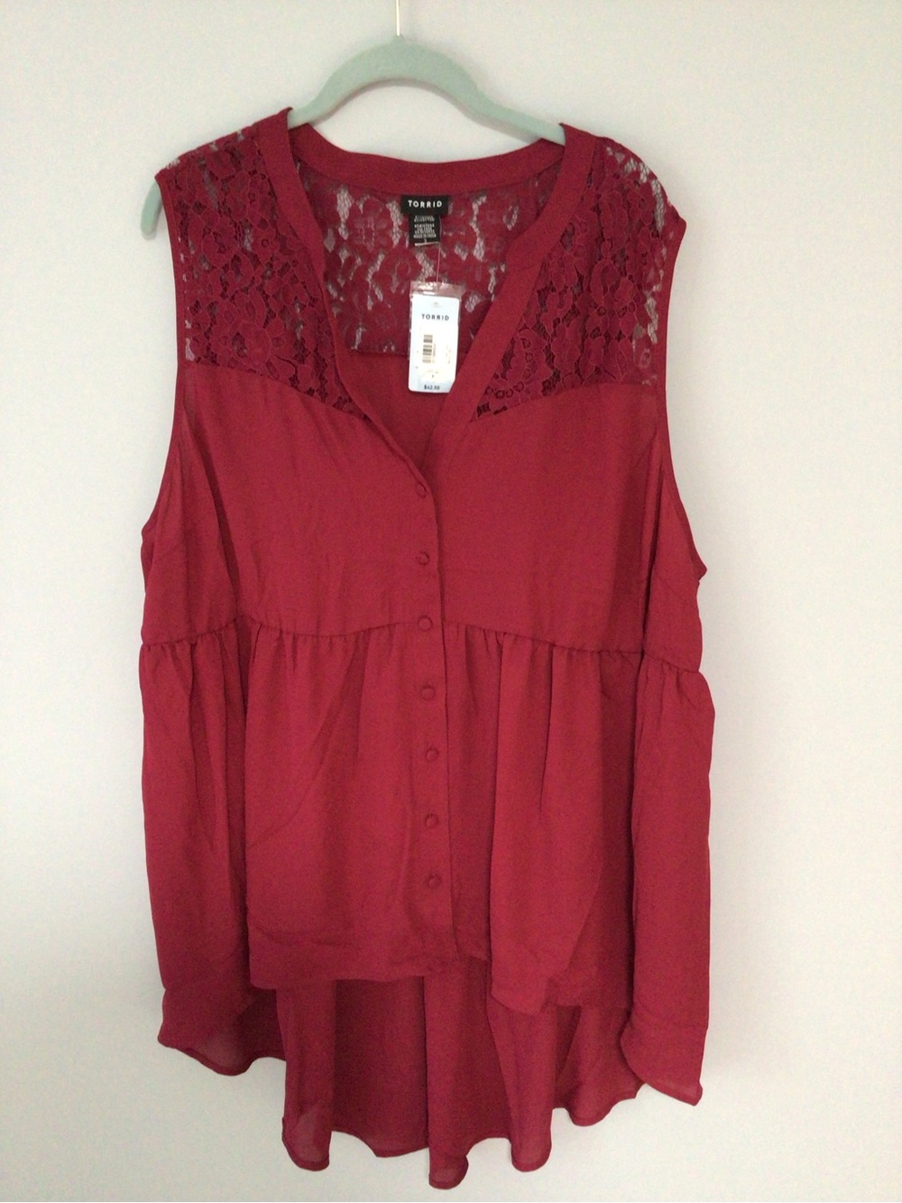 Torrid Baby Doll High Low Sleeveless Lace Yoke Top Maroon 3X